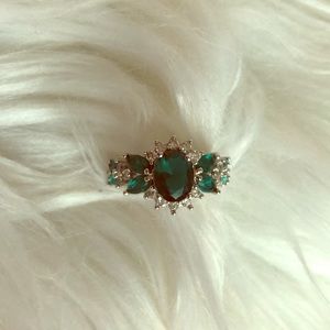Sterling silver simulated emerald and diamond ring